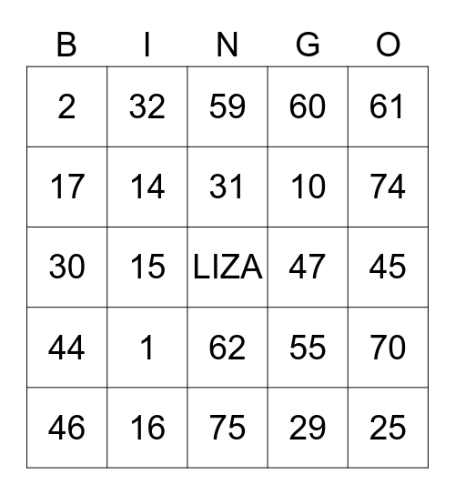 LIZA Bingo Card
