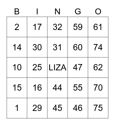 LIZA Bingo Card