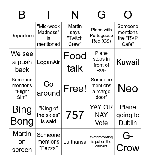 Airliners Live Bingo Card