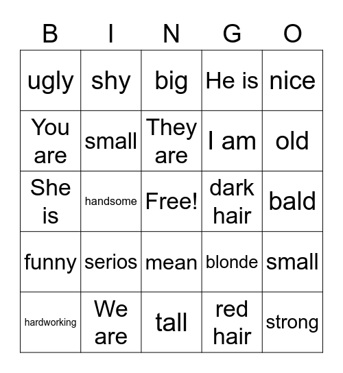 Los adjetivos Bingo Card