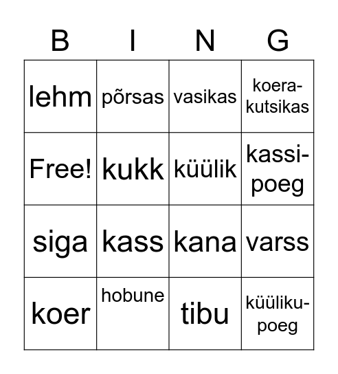 Koduloomad Bingo Card