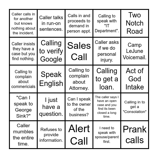 Intake Department BINGO Card