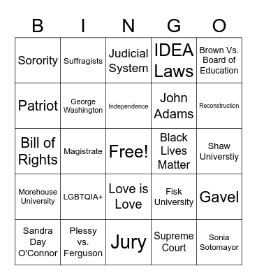 Judicial System Bingo Card