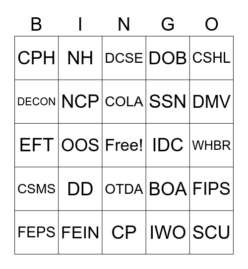 Child Support Bingo Card