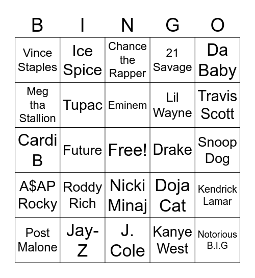 Rappers Bingo Card