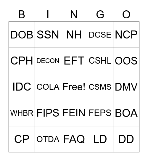 Child Support Bingo Card