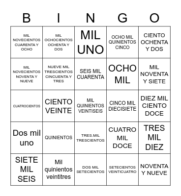 NUMEROS HASTA 9,000 Bingo Card