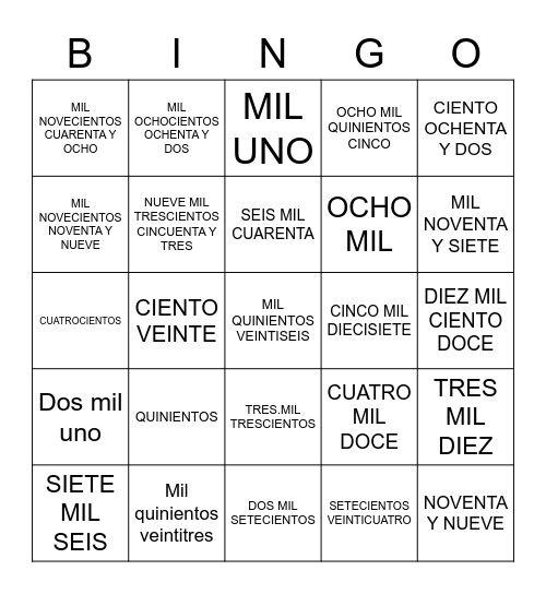 NUMEROS HASTA 9,000 Bingo Card