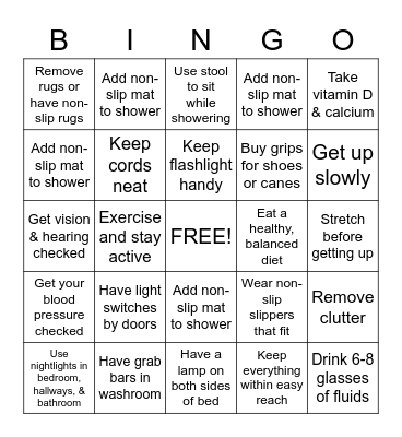 Fall Prevention Bingo Card