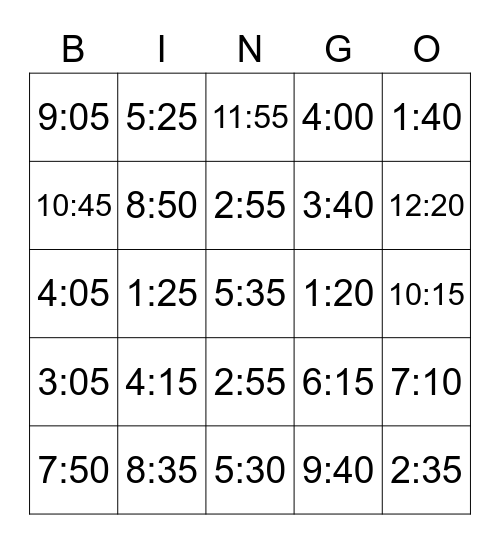 Time Bingo Level M Bingo Card