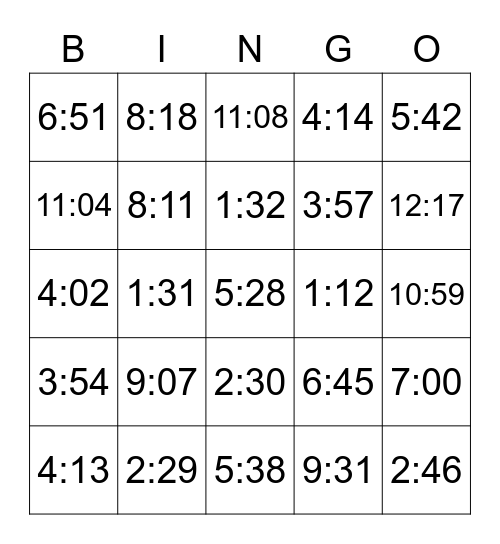 Time Bingo Level H Bingo Card