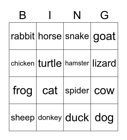Farm Animals & Pets Bingo Card
