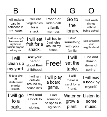 Spring Break Bingo Card