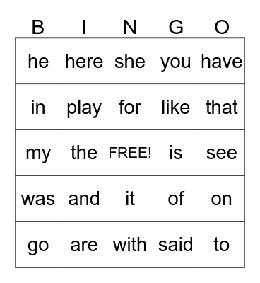 Kindergarten Sight Words Bingo Card