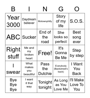 Boy Band Bingo Card