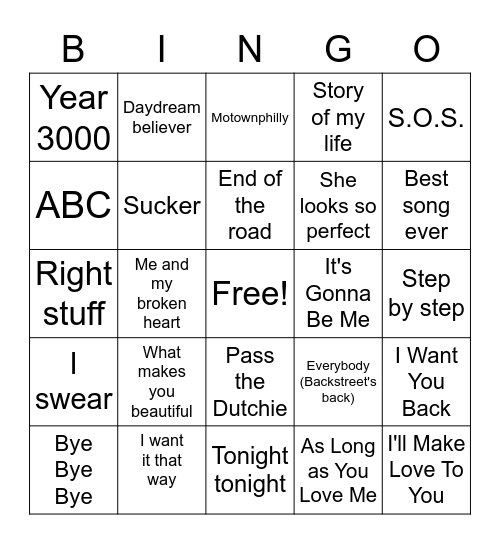 Boy Band Bingo Card