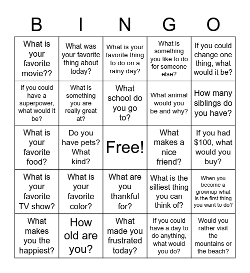 Conversation Starters Bingo Card