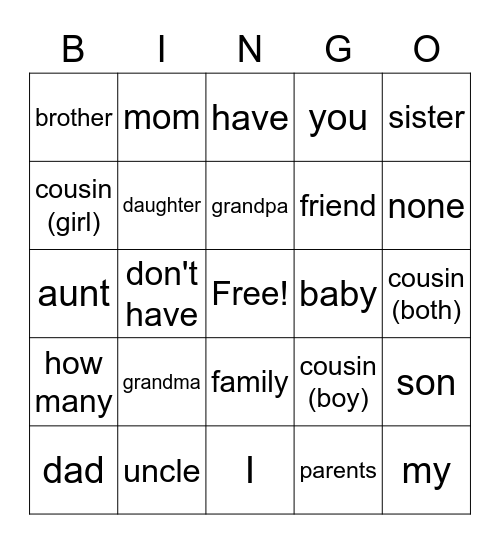 family bingo Card