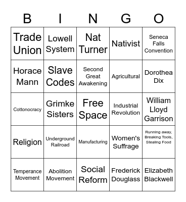Antebellum/Reform Bingo Card