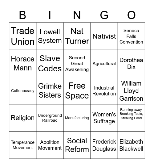 Antebellum/Reform Bingo Card