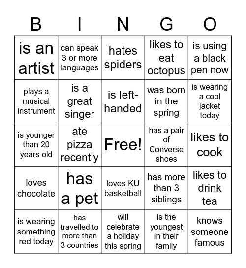 BINGO: Find Someone in Class Who.... Bingo Card