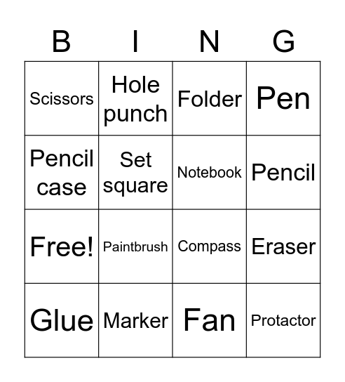 School objects Bingo Card