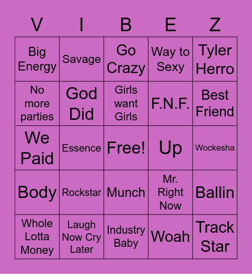 Hip Hop Vibez Bingo Card