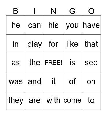 Kindergarten Sight Words Bingo Card