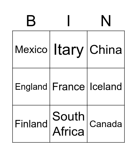 Countries Bingo Card