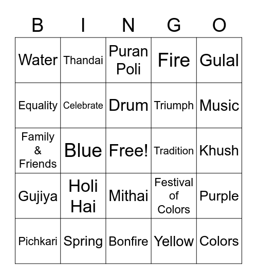 Holi Bingo Card