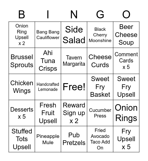 Tavern Upsell Bingo Card