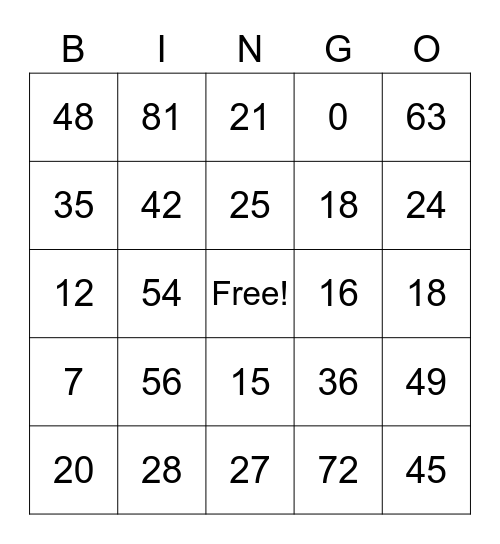 Multiplication Bingo Card