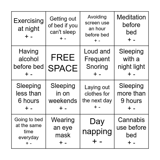 SLEEP HEALTH BINGO Card