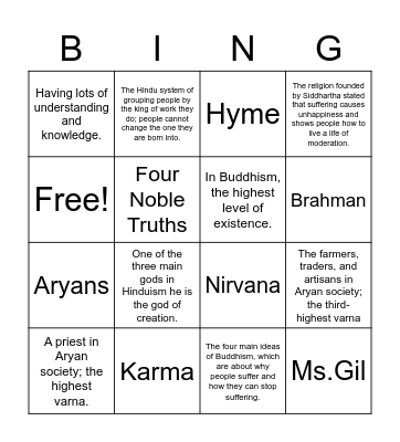 Ancient Indian Vocabulary Bingo Card