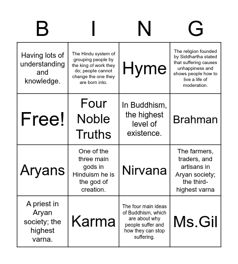 Ancient Indian Vocabulary Bingo Card