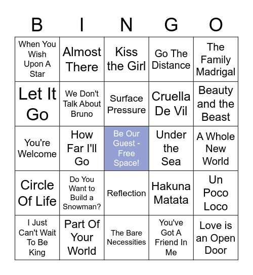 Disney Music Bingo Card