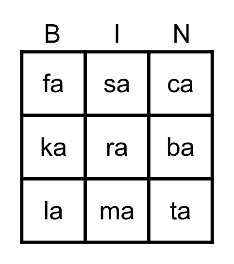 Le bingo des syllabes Bingo Card