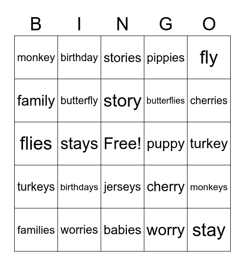Plural: y to "ies" or "s" Bingo Card
