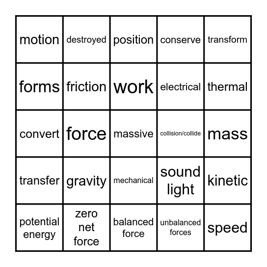 Force and Motion/ Energy Forms Bingo Card