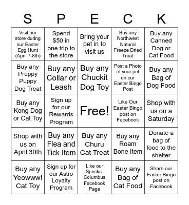 Speck's Columbus Easter Bingo Card