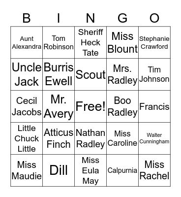 To Kill a Mockingbird Characters Bingo Card