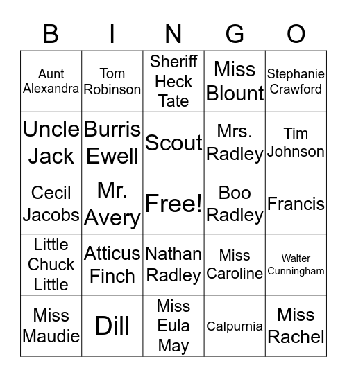 To Kill a Mockingbird Characters Bingo Card