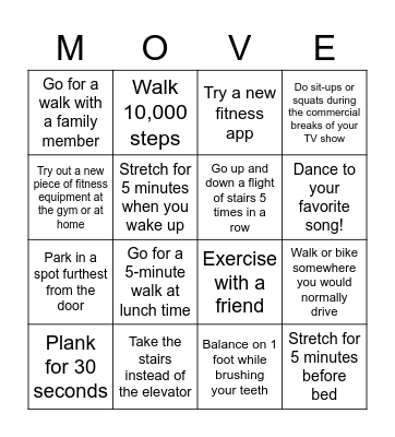 Move More Bingo Card Bingo Card