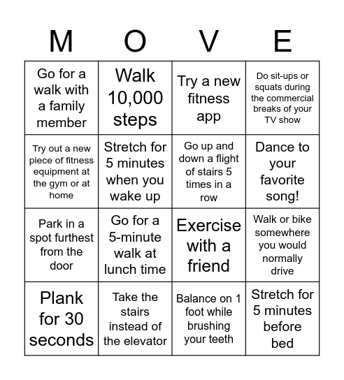 Move More Bingo Card Bingo Card