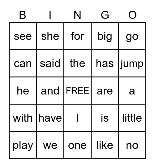 Sight Words Bingo Card