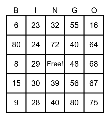 Math Facts  8 X N Bingo Card