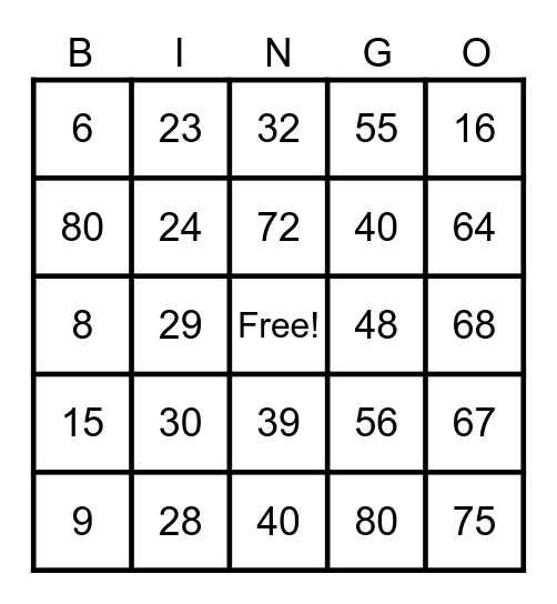 Math Facts  8 X N Bingo Card