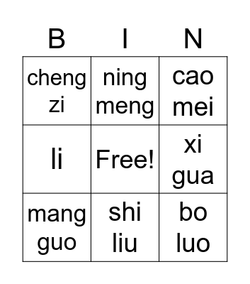 Fruit in Chinese Bingo Card
