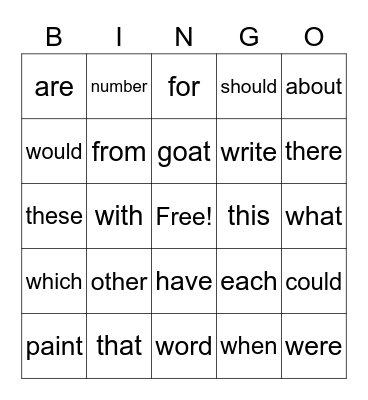 Sight Words Bingo Card
