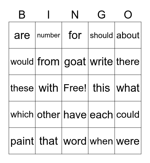 Sight Words Bingo Card